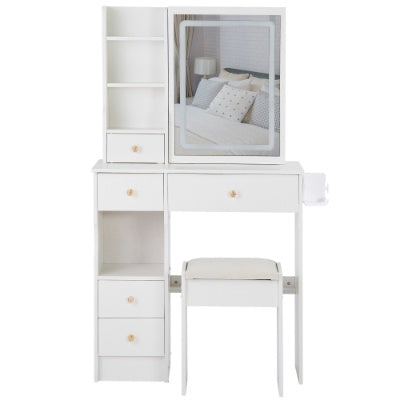 🪞 29.2" Compact Vanity Table with LED Mirror Power Station & Stool