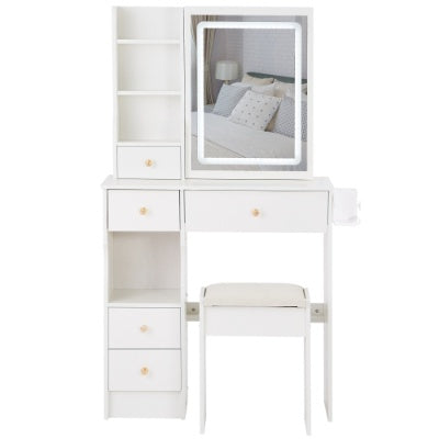 🪞 29.2" Compact Vanity Table with LED Mirror Power Station & Stool