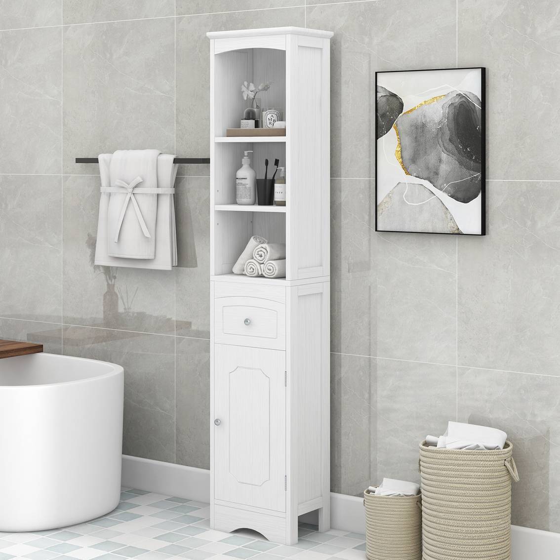 Slim Tall White Bathroom Storage Cabinet – 3-Tier Shelf + Drawer + Door