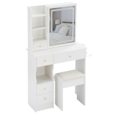 🪞 29.2" Compact Vanity Table with LED Mirror Power Station & Stool
