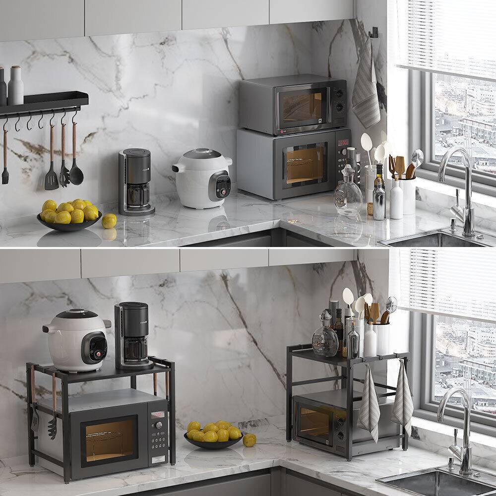 Black Single-Layer Extendable Kitchen Storage Rack – Adjustable Width with 6 Utility Hooks