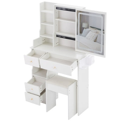 🪞 29.2" Compact Vanity Table with LED Mirror Power Station & Stool