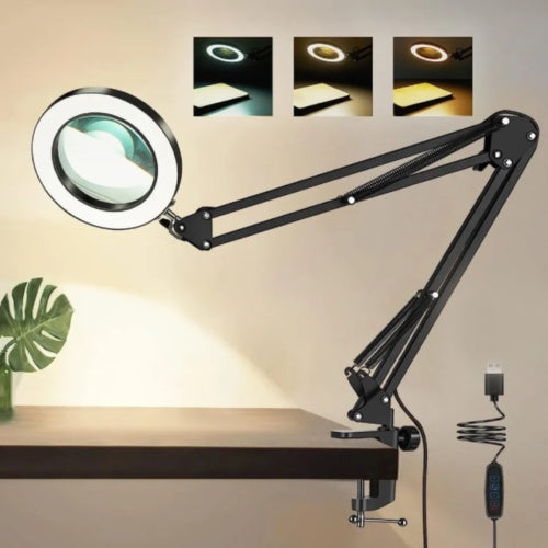 🔍 10X Magnifying Desk Lamp with LED Light – Adjustable Arm, 3 Color Modes, Stepless Dimming, Clip & Base (Black/White)