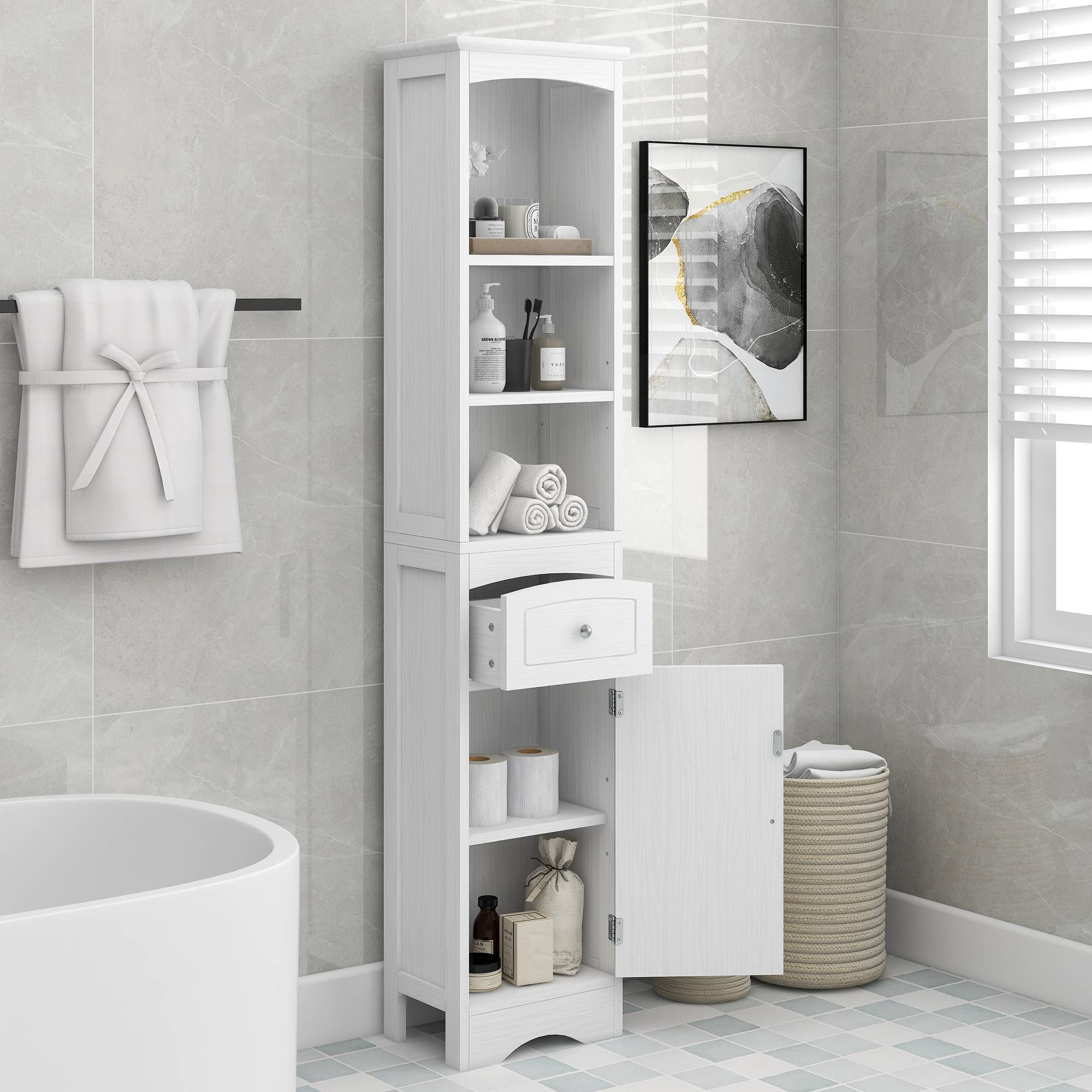 Slim Tall White Bathroom Storage Cabinet – 3-Tier Shelf + Drawer + Door