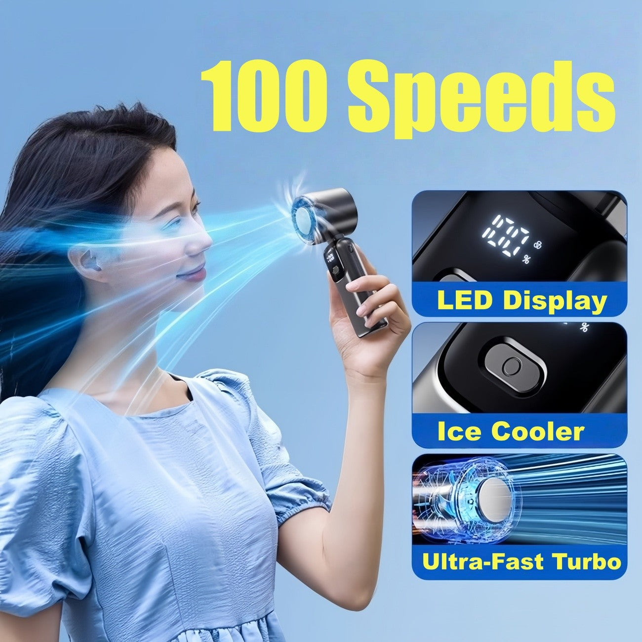 ❄️ Handheld Fan with Ice Cooling – Rechargeable High-Speed Personal Cooling Fan