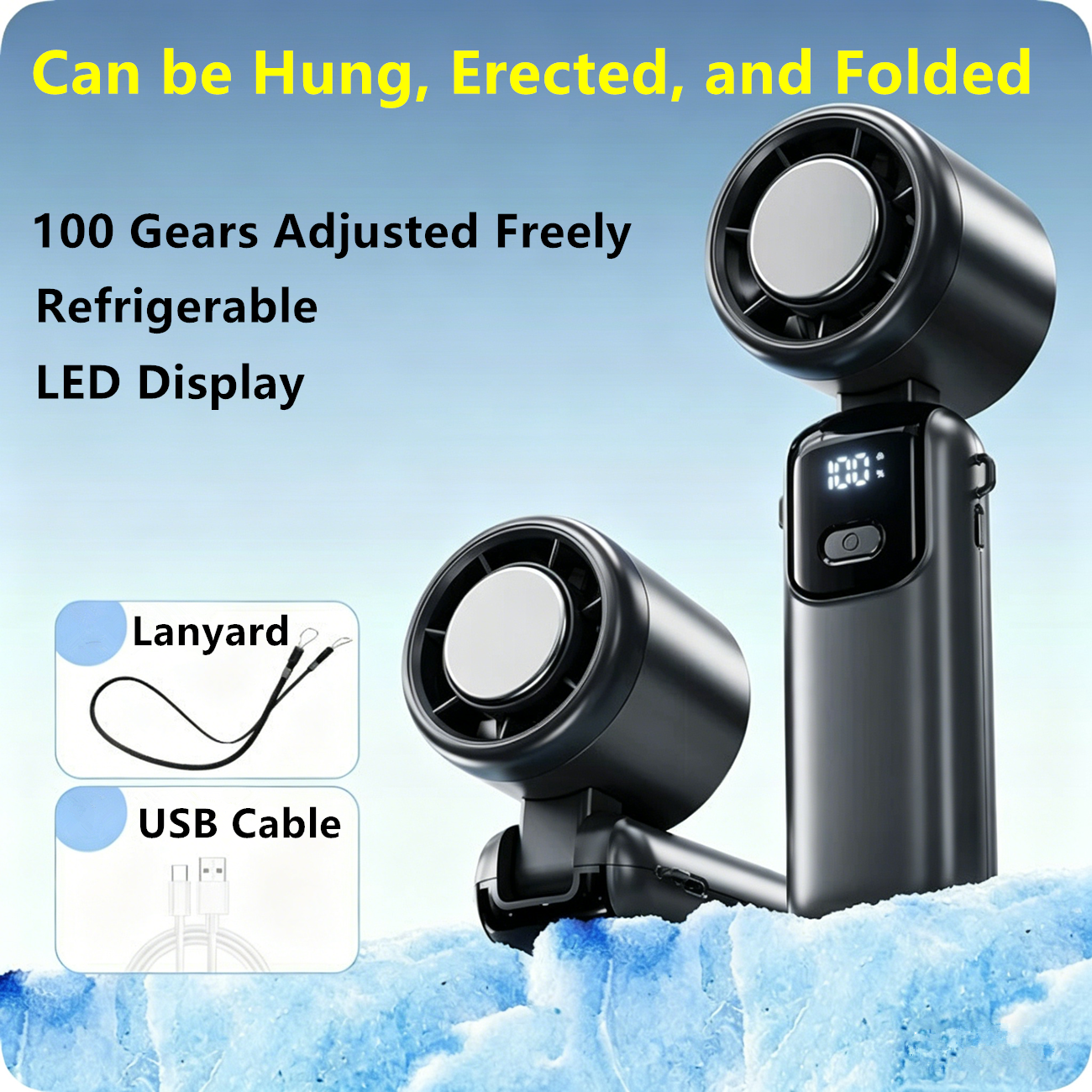 ❄️ Handheld Fan with Ice Cooling – Rechargeable High-Speed Personal Cooling Fan