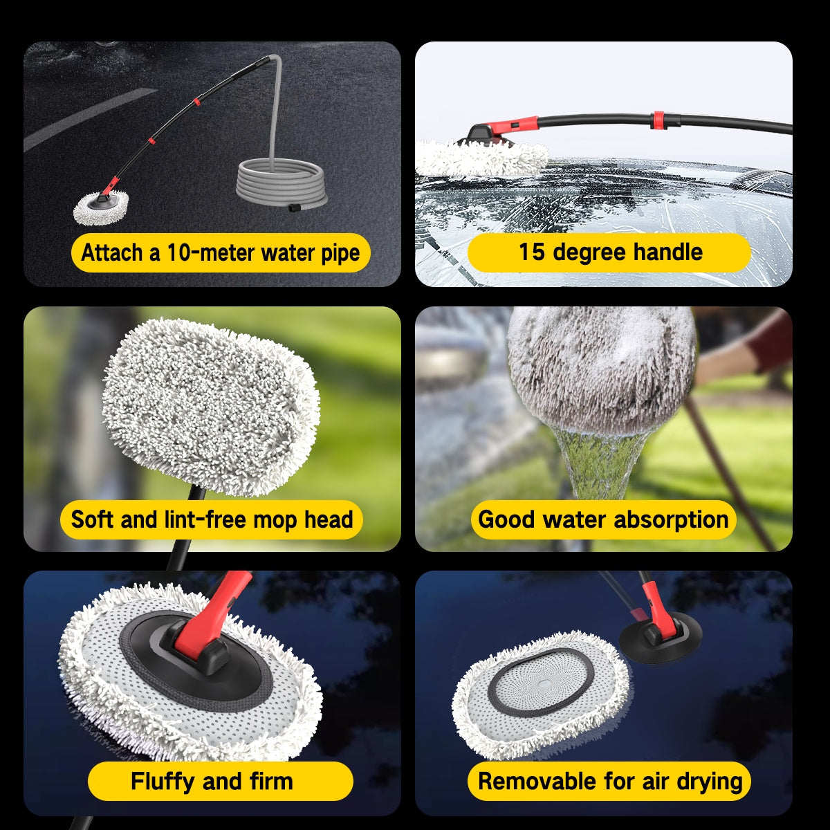 41" Automatic Water Flow Car Wash Mop – Soft Brush with 10M Hose