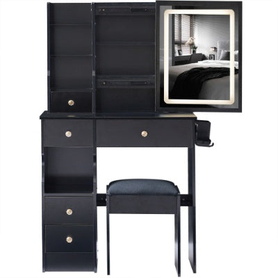 🪞 29.2" Compact Vanity Table with LED Mirror Power Station & Stool