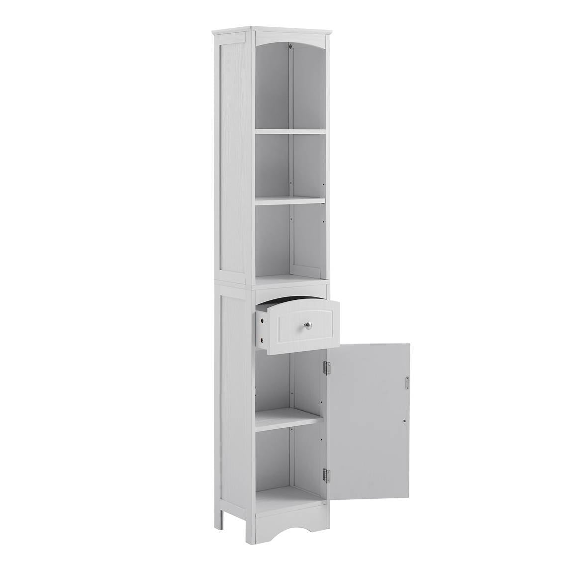 Slim Tall White Bathroom Storage Cabinet – 3-Tier Shelf + Drawer + Door