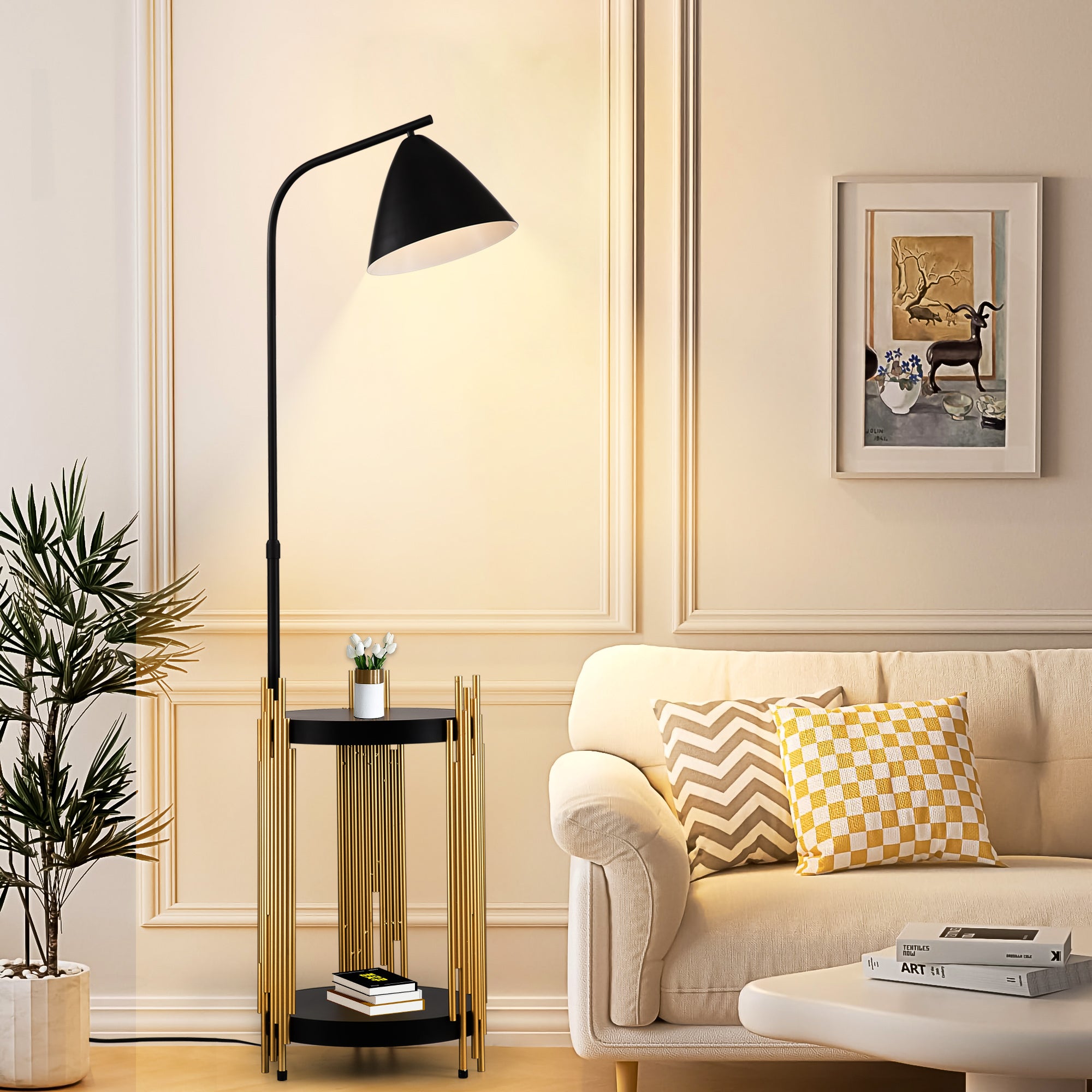 Luxury Industrial Floor Lamp with Metal Lampshade – Matte Gold & Black