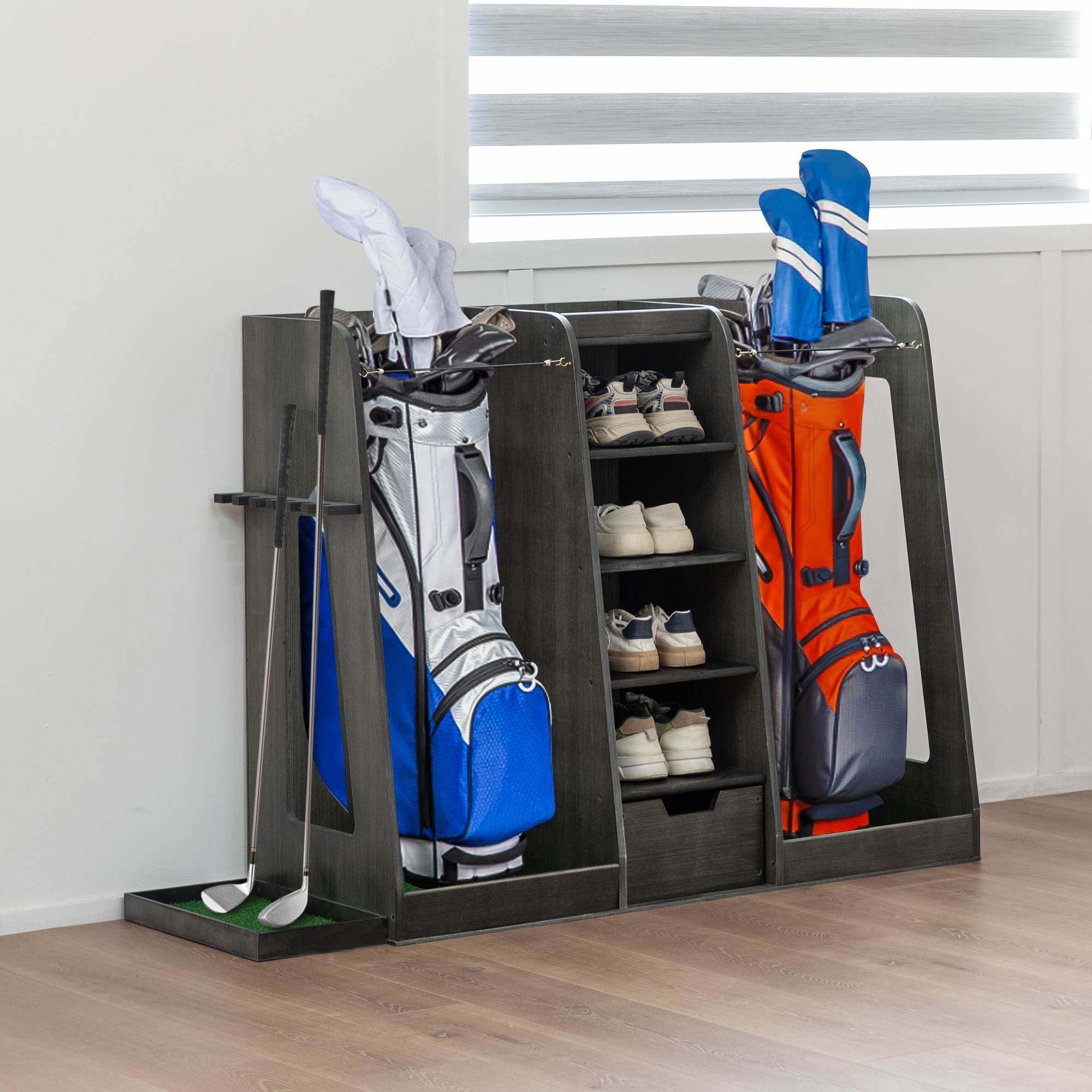 🪵 Premium Wooden Golf Bag Organizer with Drawers & Side Club Holders – Grey