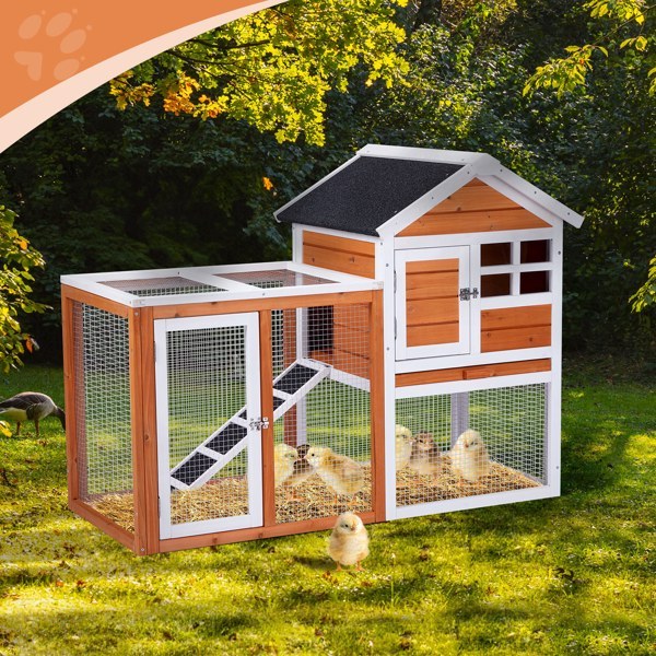 🐰 House-Style Wooden Chicken & Rabbit Hutch with Run
