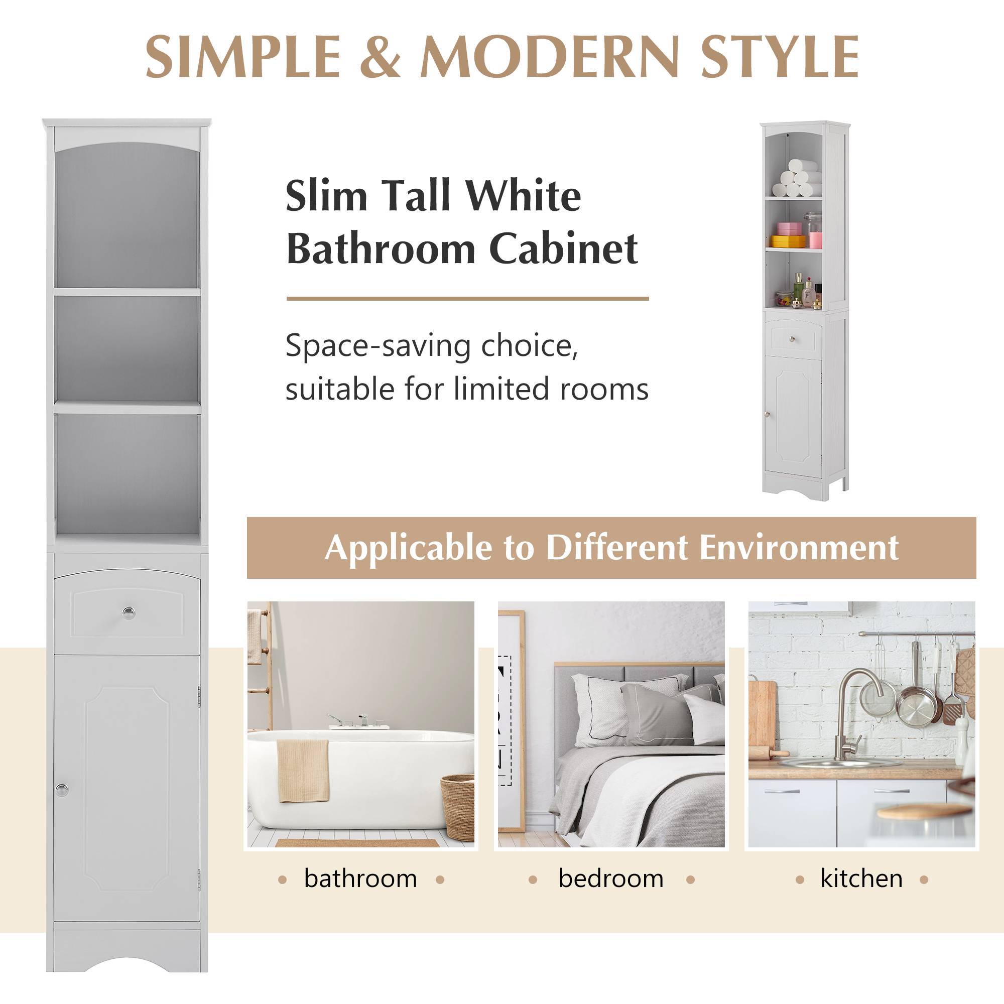 Slim Tall White Bathroom Storage Cabinet – 3-Tier Shelf + Drawer + Door