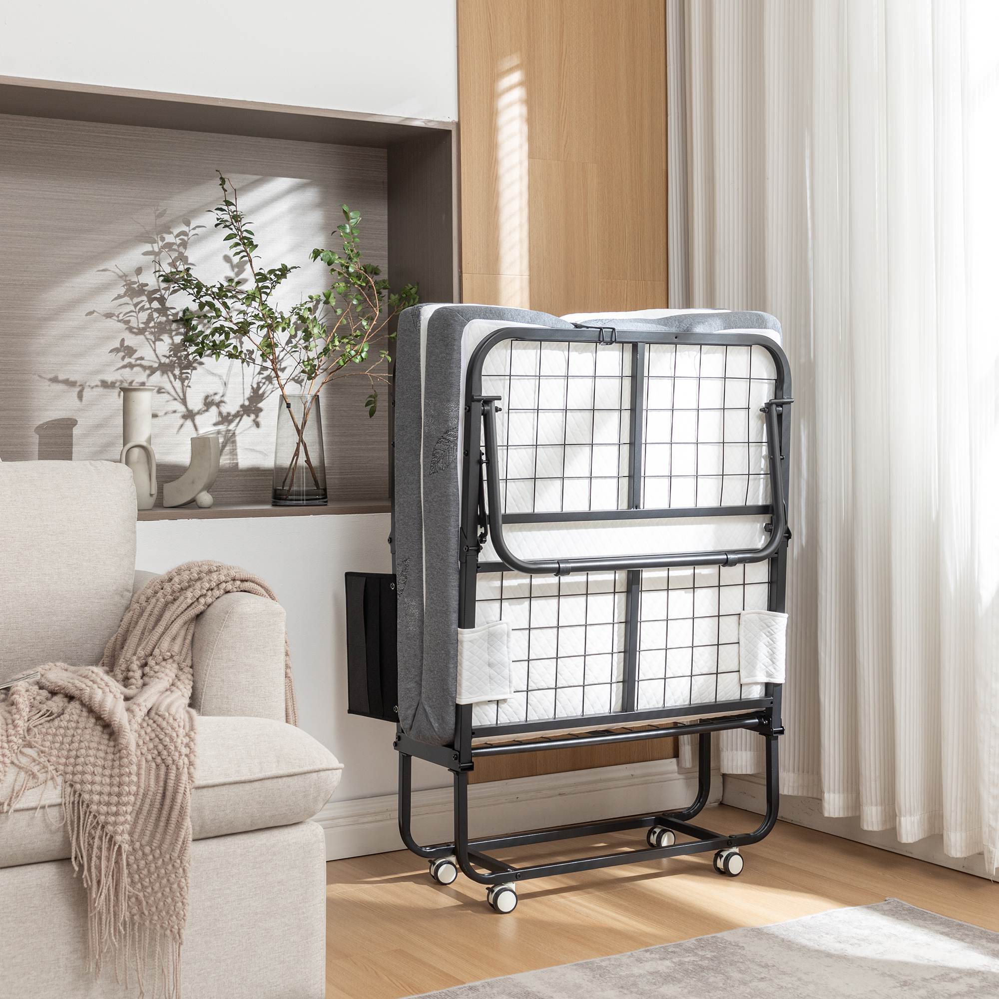 🛏️ Folding Bed Cot with Memory Foam Mattress – Space-Saving Rollaway Guest Bed