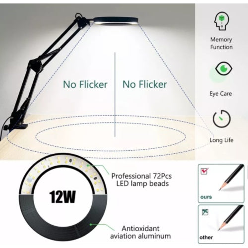 🔍 10X Magnifying Desk Lamp with LED Light – Adjustable Arm, 3 Color Modes, Stepless Dimming, Clip & Base (Black/White)