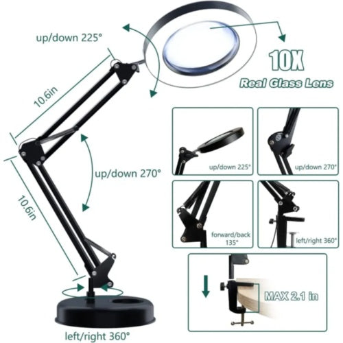 🔍 10X Magnifying Desk Lamp with LED Light – Adjustable Arm, 3 Color Modes, Stepless Dimming, Clip & Base (Black/White)
