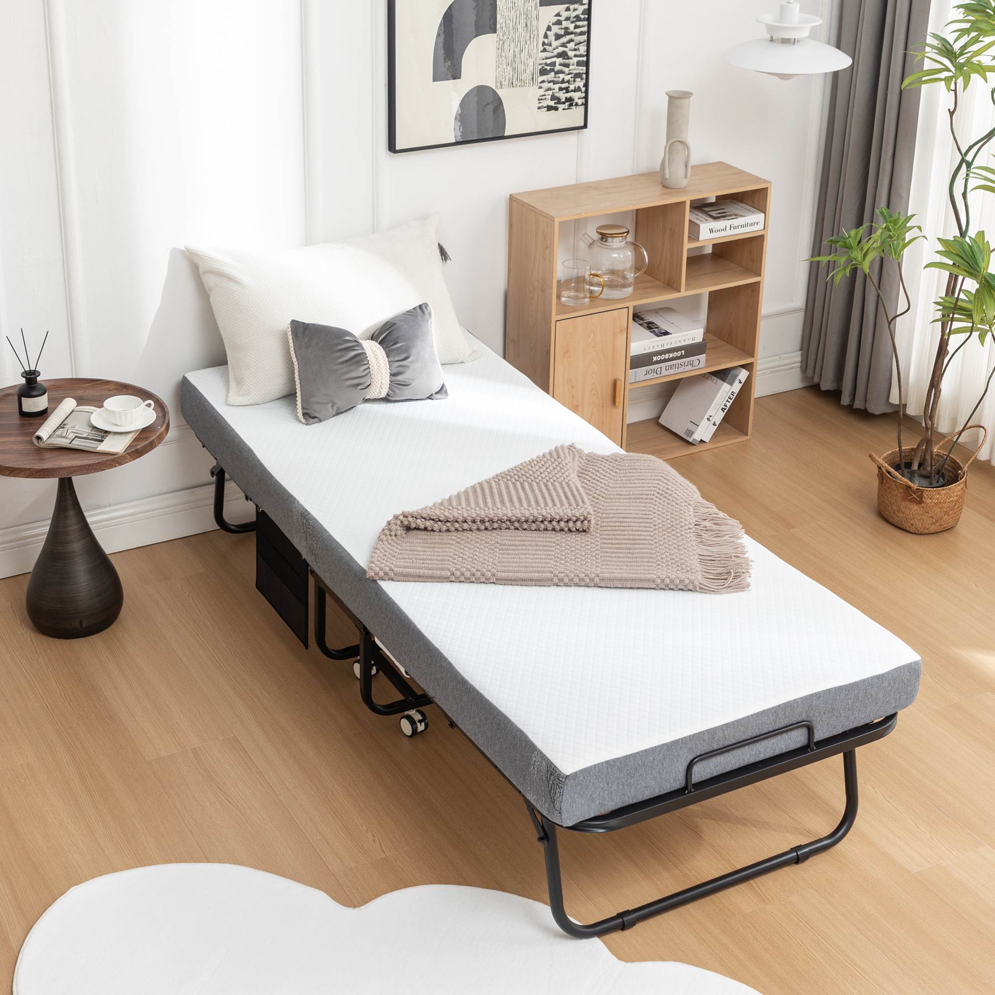 🛏️ Folding Bed Cot with Memory Foam Mattress – Space-Saving Rollaway Guest Bed