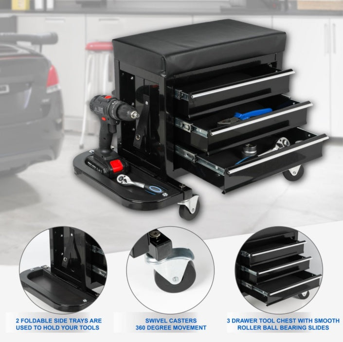 3-Drawer Rolling Repair Tool Box with Mechanic Seat – Heavy-Duty