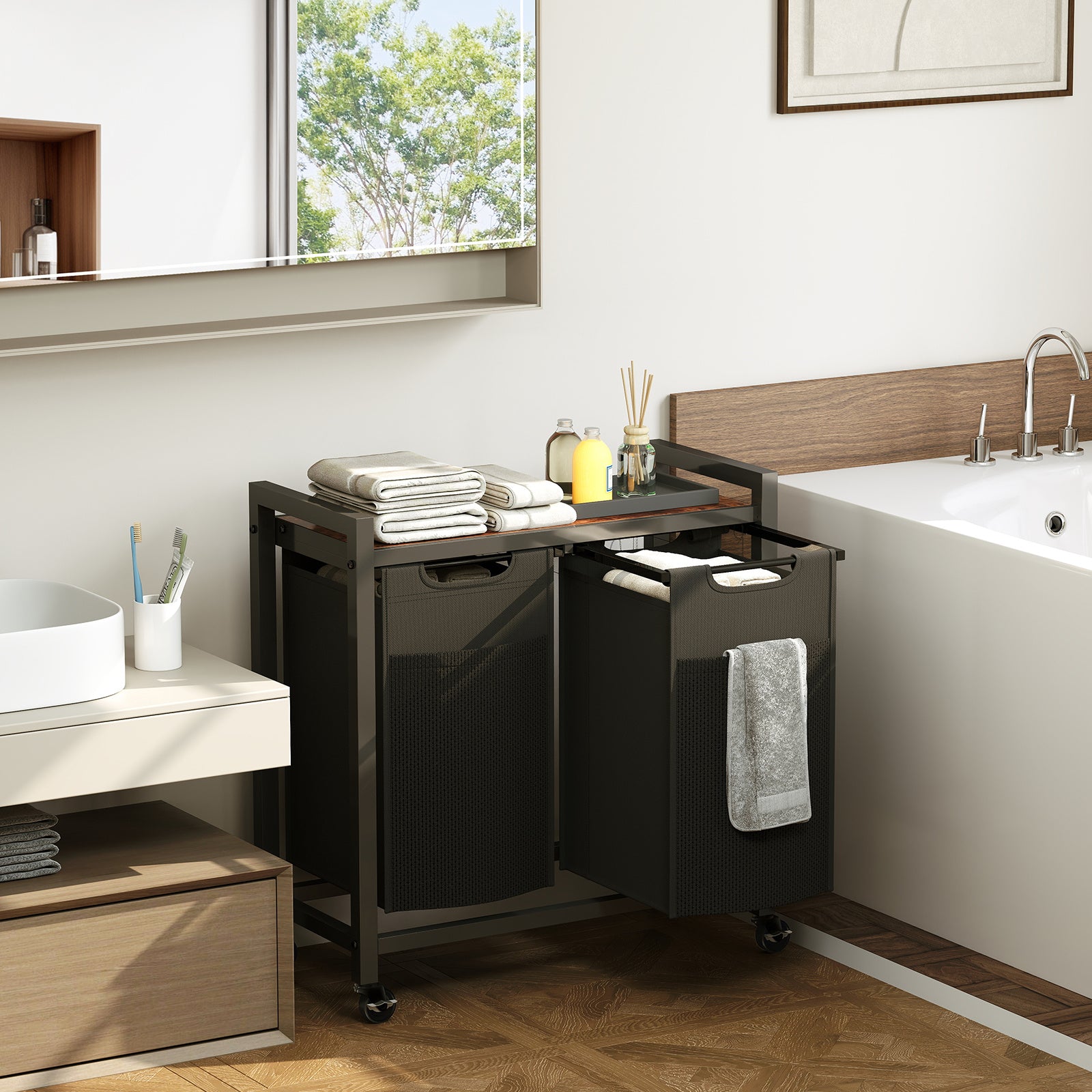 🧺 Multi-Basket Laundry Hamper with Top Shelf & Wheels – 2 or 3 Compartments