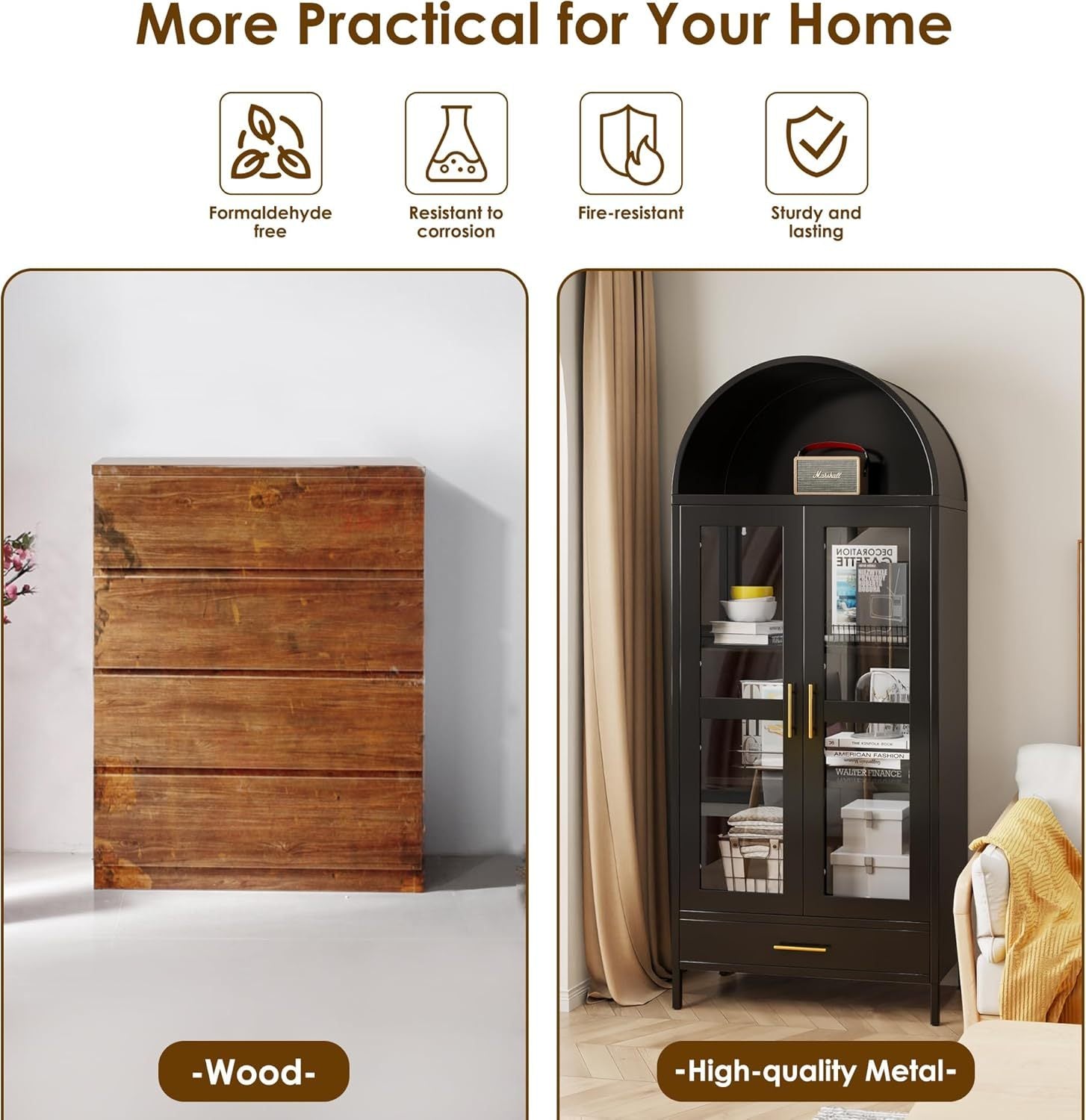 73in" Tall Metal Arched Cabinet with Glass Door