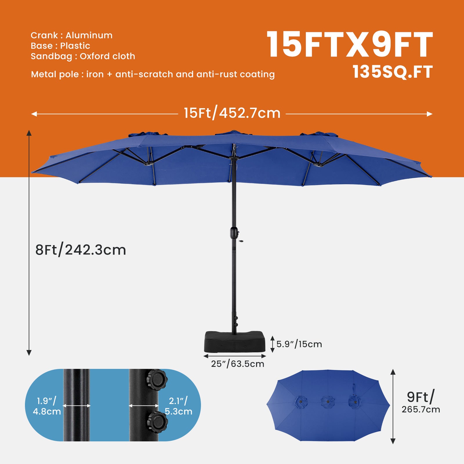 🌞 15FT Large Patio Umbrella with Base – Extra-Wide Sun Shade for Backyard, Deck, Market, or Outdoor Dining