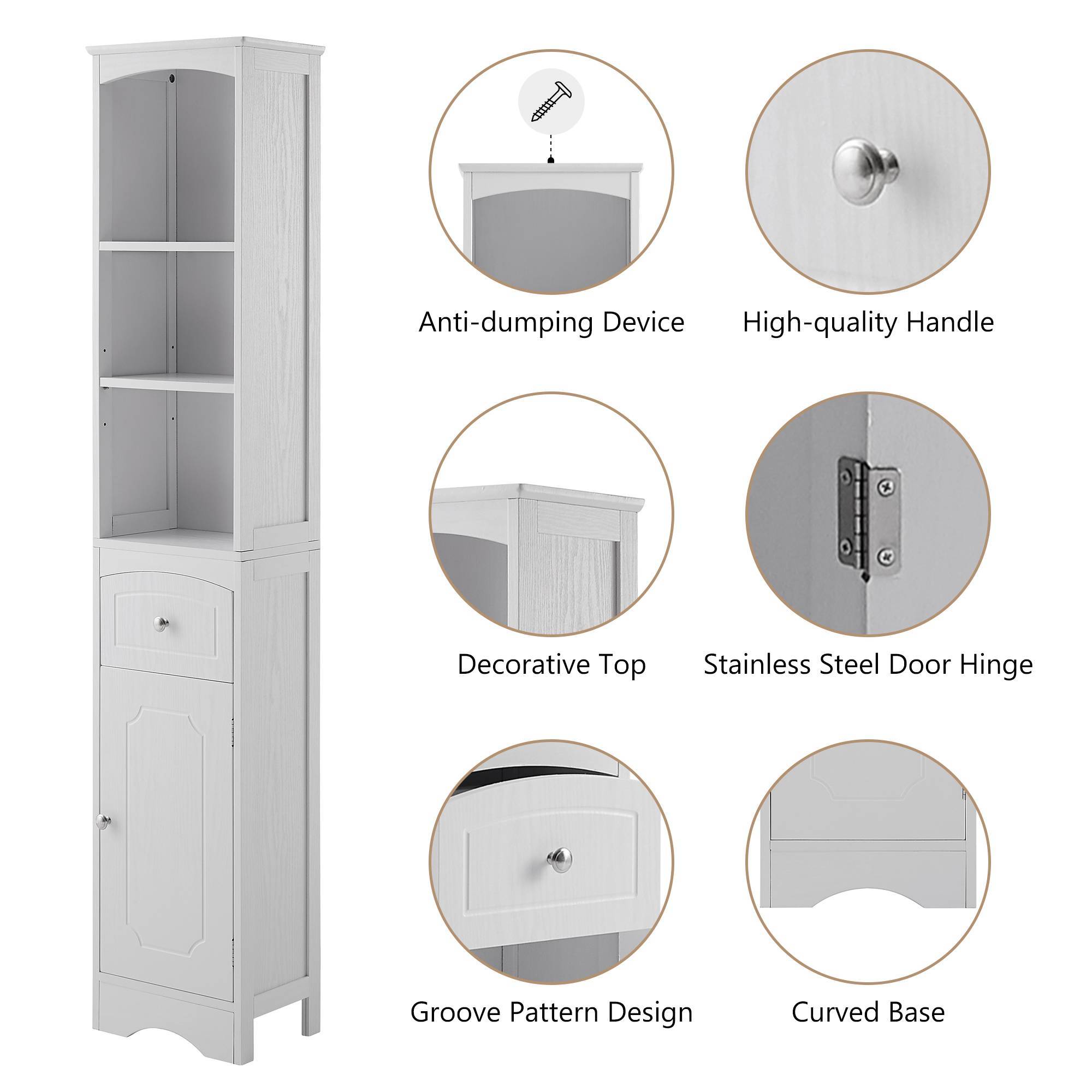 Slim Tall White Bathroom Storage Cabinet – 3-Tier Shelf + Drawer + Door