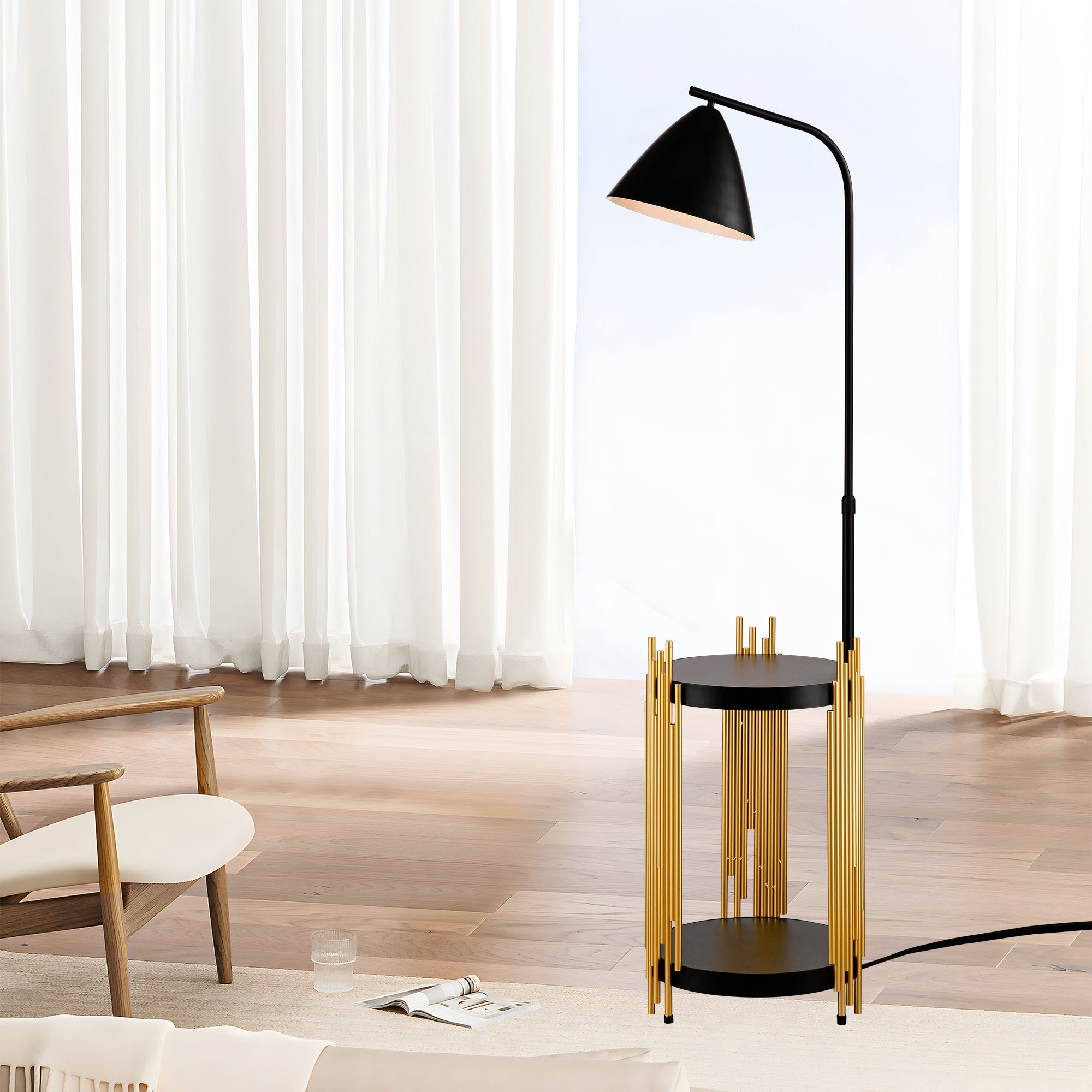 Luxury Industrial Floor Lamp with Metal Lampshade – Matte Gold & Black