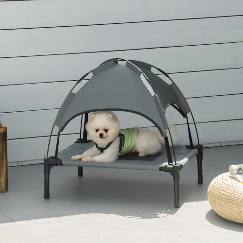 🐾 PawHut 24" Elevated Portable Dog Cot with UV-Resistant Canopy – Gray