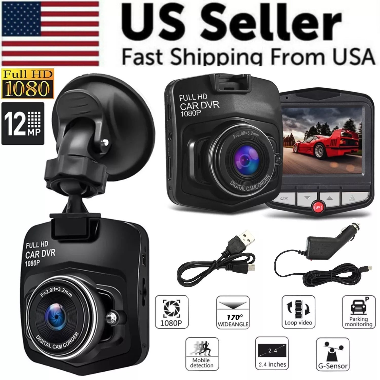 Full HD 1080P Dash Cam – 170° Wide Angle, Night Vision, G-Sensor, and Loop Recording