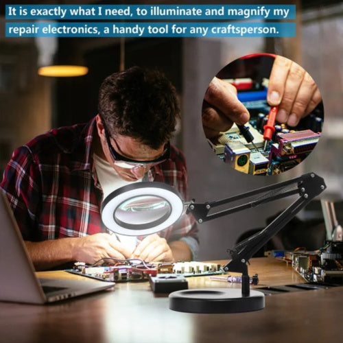 🔍 10X Magnifying Desk Lamp with LED Light – Adjustable Arm, 3 Color Modes, Stepless Dimming, Clip & Base (Black/White)
