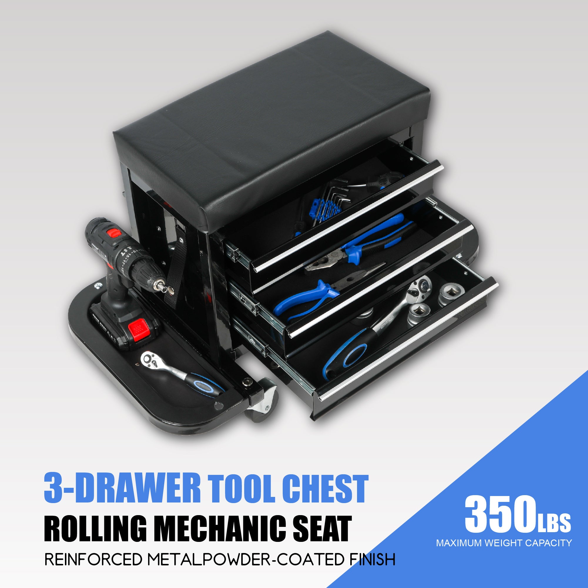 3-Drawer Rolling Repair Tool Box with Mechanic Seat – Heavy-Duty