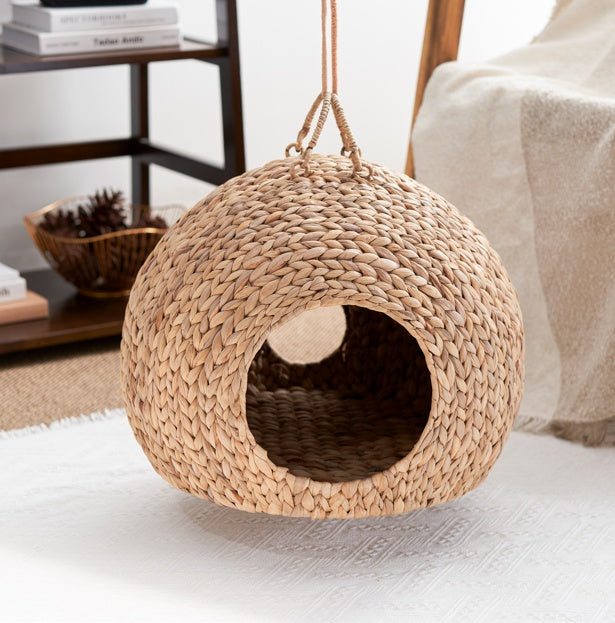 🐾 Weaving Rattan Circular Cat Bed with Handles