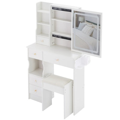 🪞 29.2" Compact Vanity Table with LED Mirror Power Station & Stool