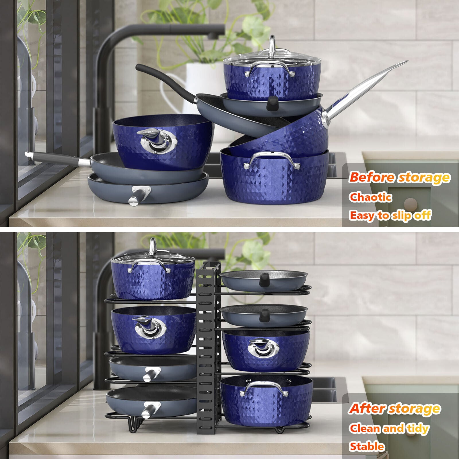 🍳 8‑Tier Adjustable Pot & Pan Organizer Rack